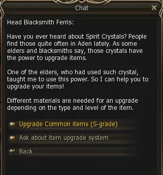 Menú Upgrade Common Items (S-Grade)
