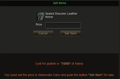 Publicación de un armor Draconic en venta