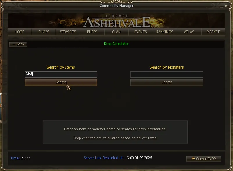 Drop Calculator screen with both search boxes