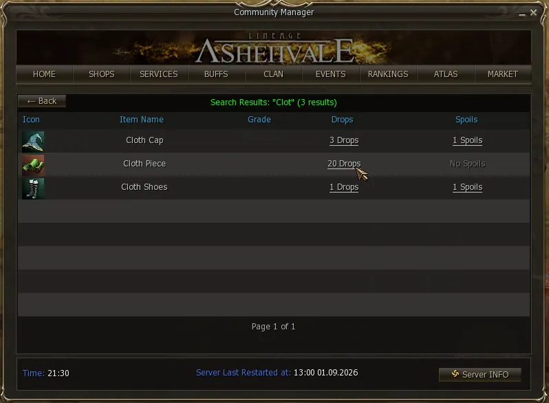 Item search results, showing how many mobs drop and spoil it