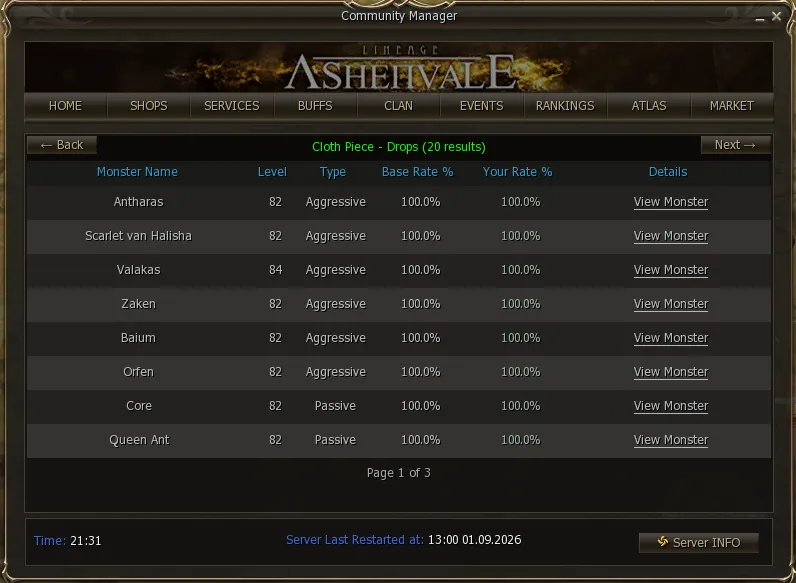 List of mobs that drop the item, with level, type and both chances