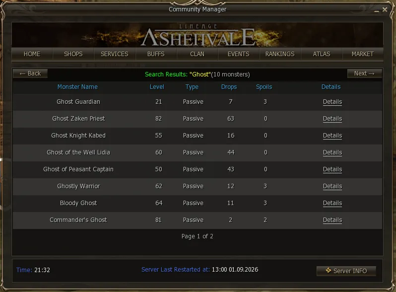 Mob search results, with level, type and the number of drops and spoils