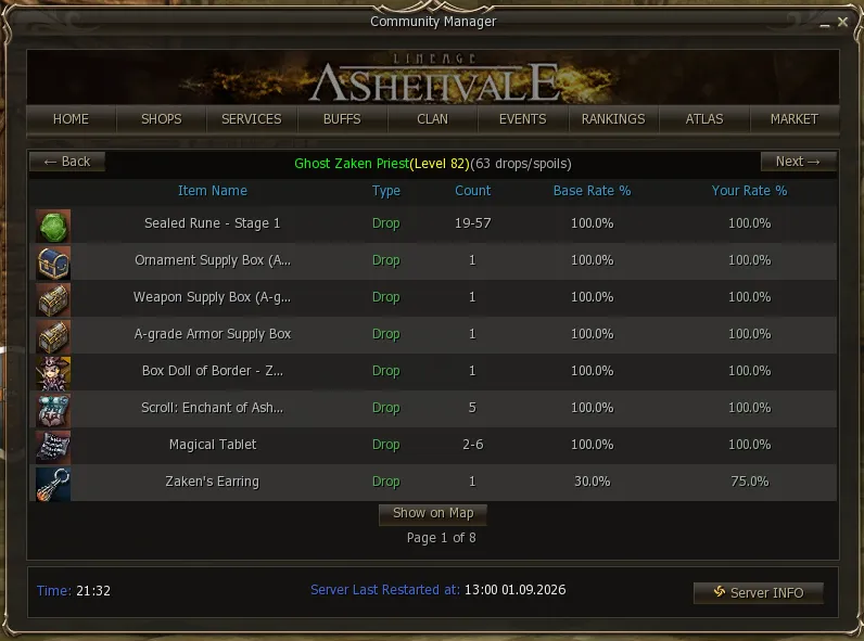 A mob's drop list with Base Rate and Your Rate differing on one of the rows