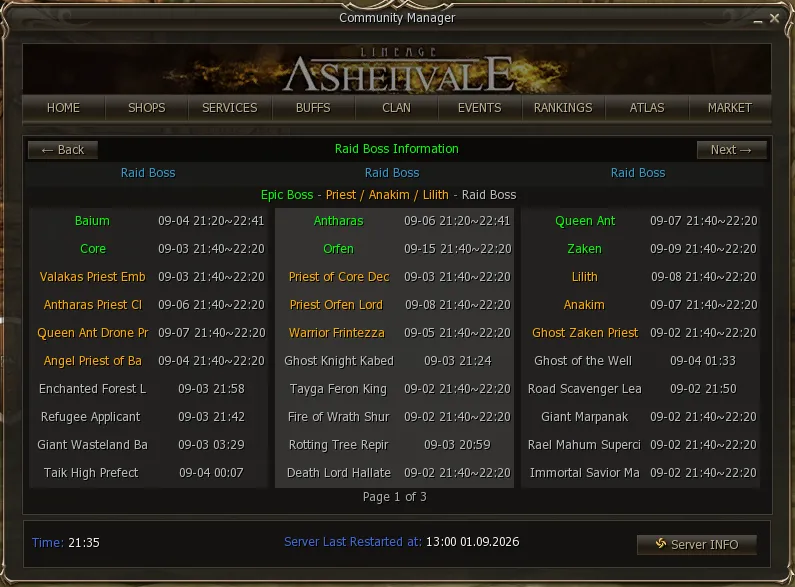 Boss & Raid Tracker with the three groups separated by color and their schedules