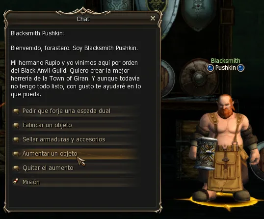 Blacksmith Pushkin's menu with the Augment an item and Remove the augment options