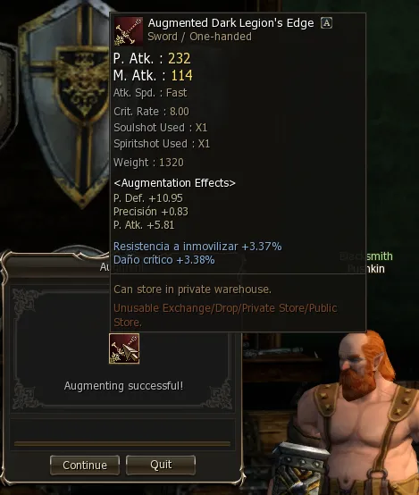 Tooltip of an augmented weapon with three basic stats and two extra stats