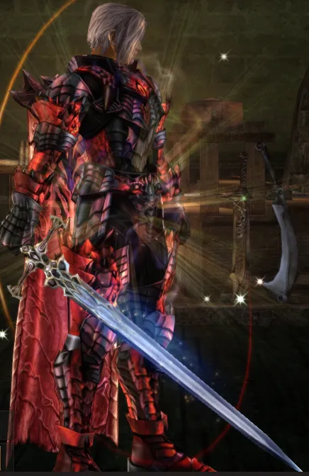 Character holding an augmented weapon with a faint glow over the blade