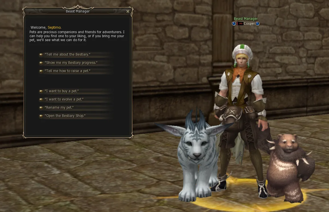 Beast Manager Cooper's menu with the bestiary and pet options