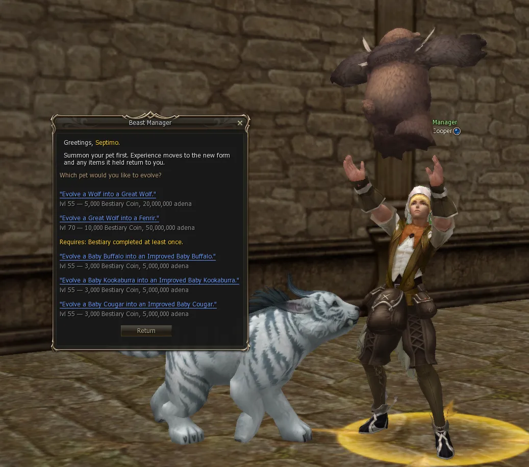 Beast Manager evolution menu with the available chains and their costs