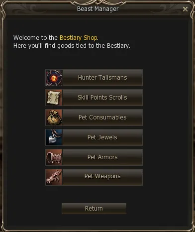 Bestiary Shop with its six categories