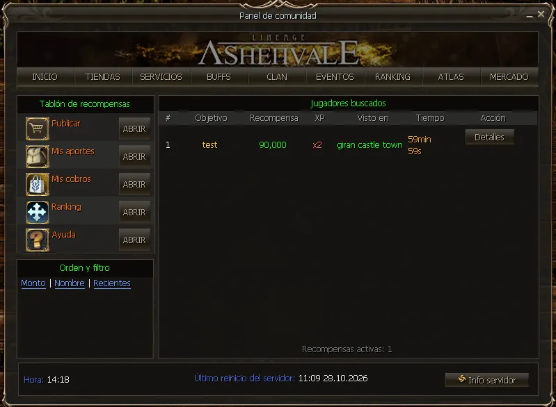 Wanted players list with one bounty, its XP multiplier, where the target was seen and the time