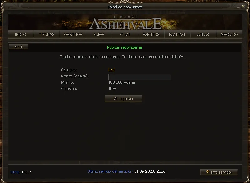 Post bounty screen with the target, the amount, the minimum and the fee