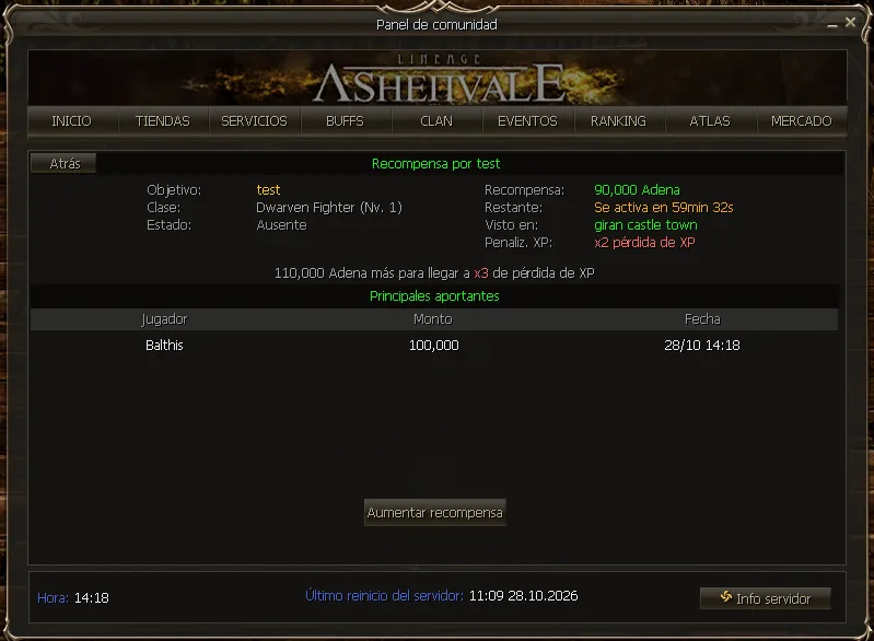 Bounty detail with the target's class, the status, the time left, the XP penalty and the top contributors