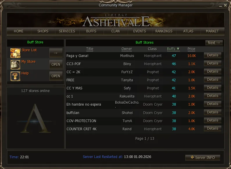 List of buff stores with title, owner, class, buff count and price