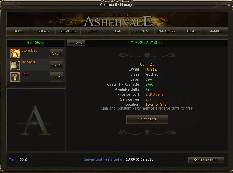 A store's sheet with the caster's MP, the buff count, the price and the location