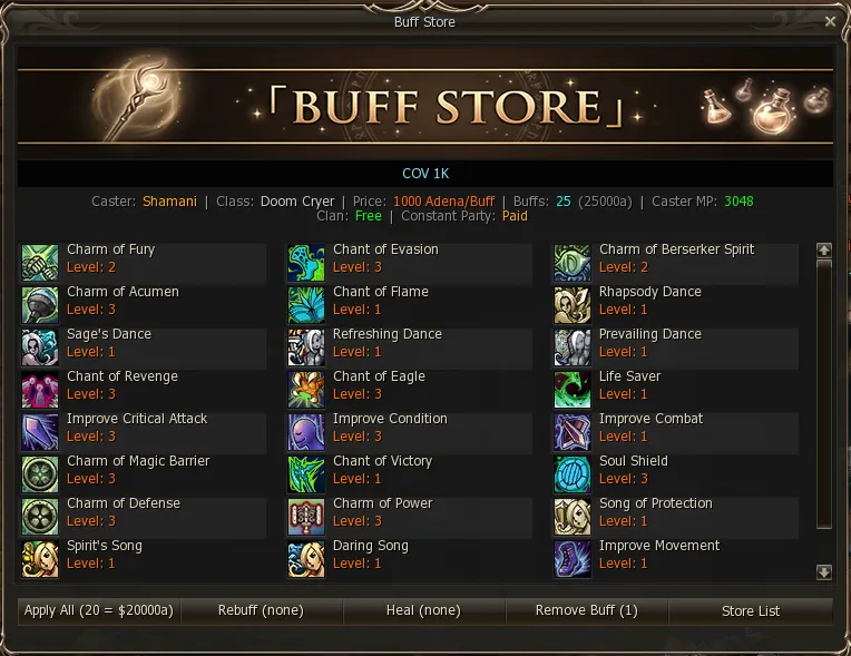 Buff Store window with the buff list and the buying buttons