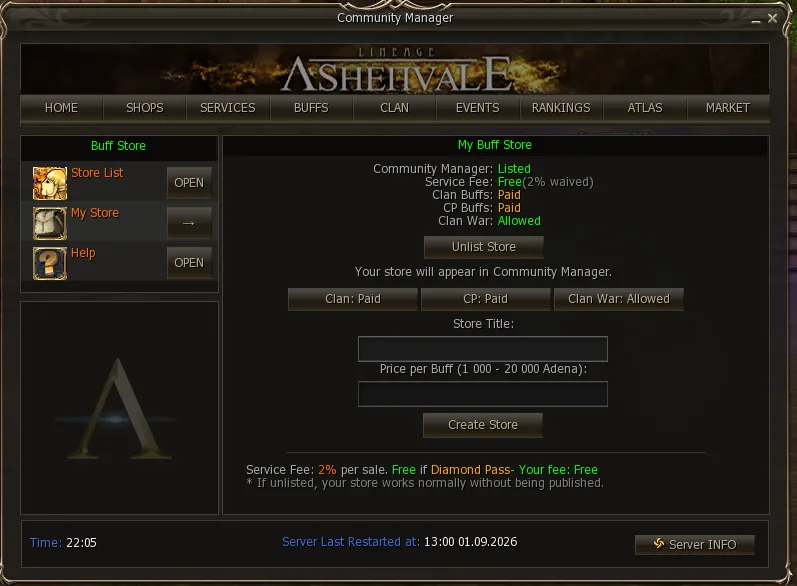 My Buff Store panel with the toggles, the title and the price per buff