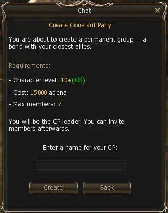 Constant Party creation form with the requirements and the name field