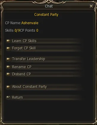 Constant Party menu once created, with skills, points and the leader options