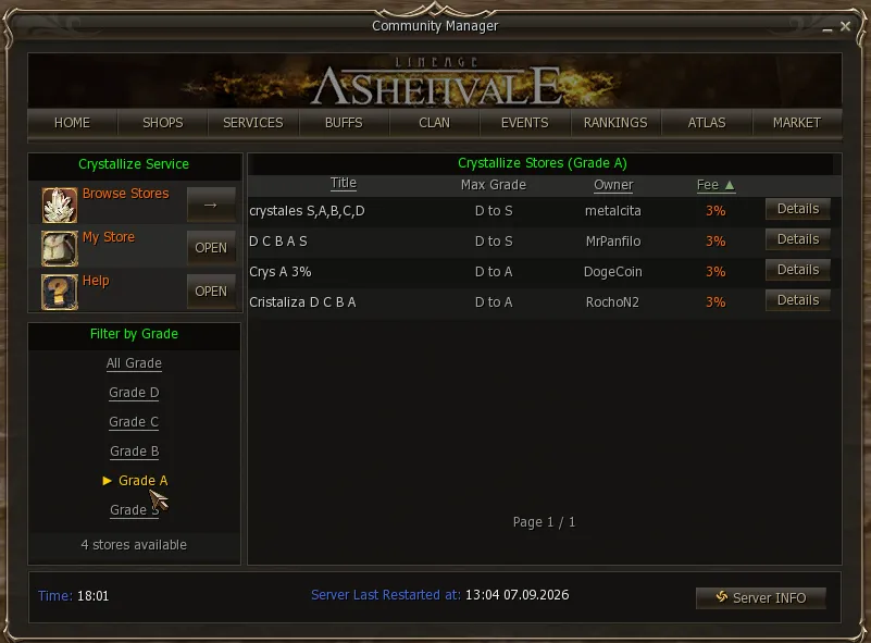 Grade filter showing only the shops that crystallise A-grade
