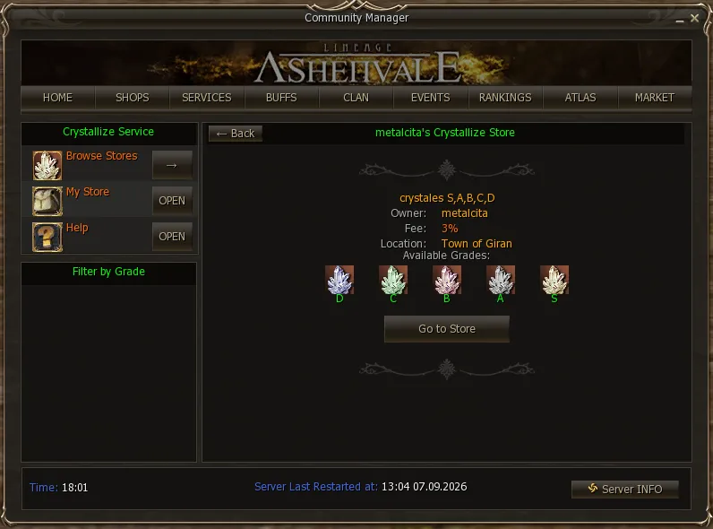 Shop card with the owner, the fee, the town and the available grades