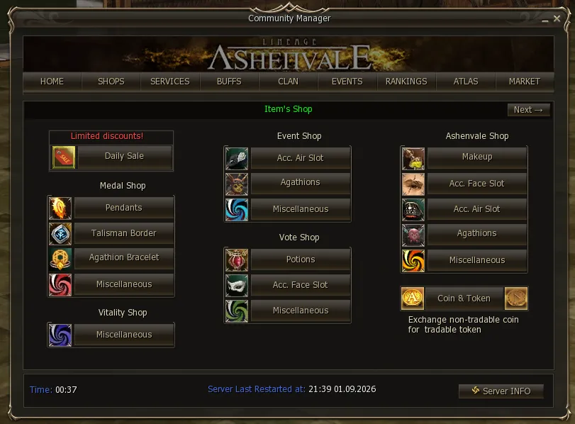 Community Board Shops menu with the Daily Sale entry