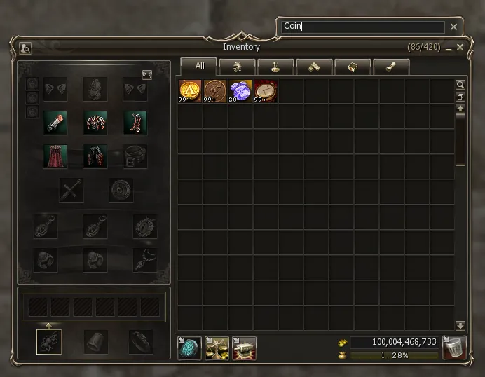 Inventory search filtering by the word Coin
