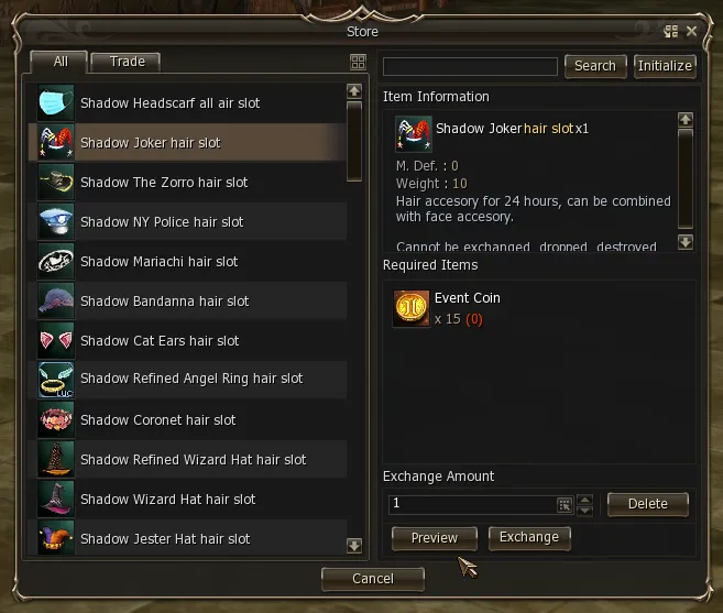 Accessory shop with the Preview button under the item information panel