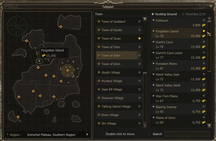 Aden destination list with the Forgotten Island star marked