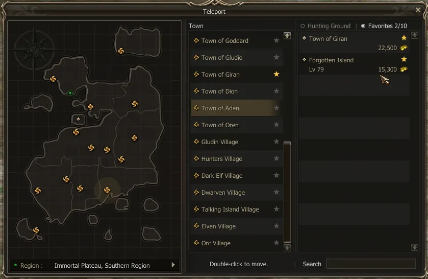Favorites tab with Town of Giran and Forgotten Island