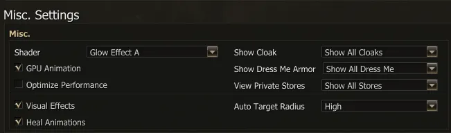 Misc. Settings: Shader, GPU Animation, Optimize Performance, Visual Effects, Heal Animations, Show Cloak, Show Dress Me Armor, View Private Stores and Auto Target Radius