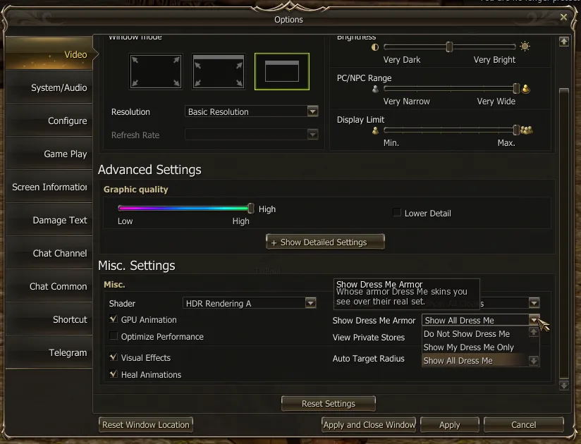 Options, Video tab, with the Show Dress Me Armor dropdown open