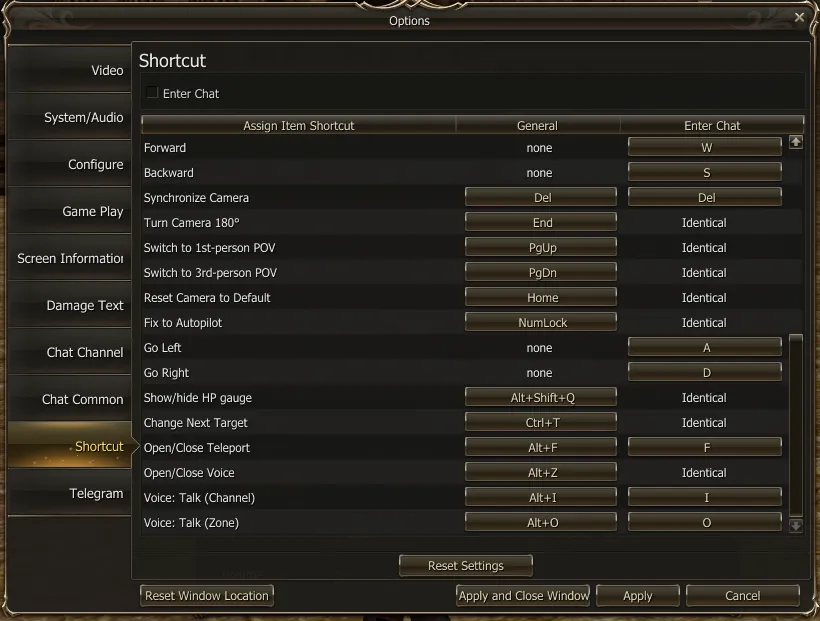 Options, Shortcut tab, with the Open/Close Teleport rows (Alt+F / F) and the voice ones