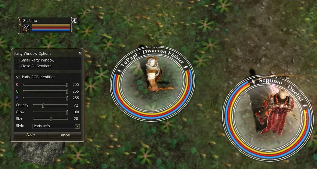 Two party members with the Party info ring: name and class on top, and the CP, HP and MP bars around it