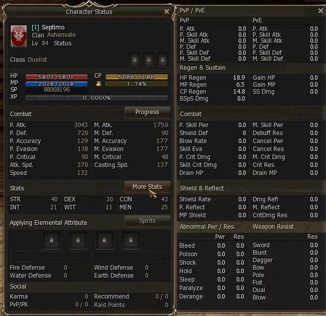 Character Status with the More Stats panel open on the side: PvP/PvE, Regen & Sustain, Combat, Shield & Reflect, Abnormal Pwr/Res and Weapon Resist
