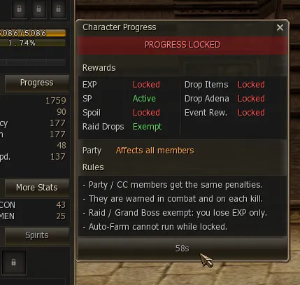 Character Progress in PROGRESS LOCKED: what is locked in red, the button with the countdown