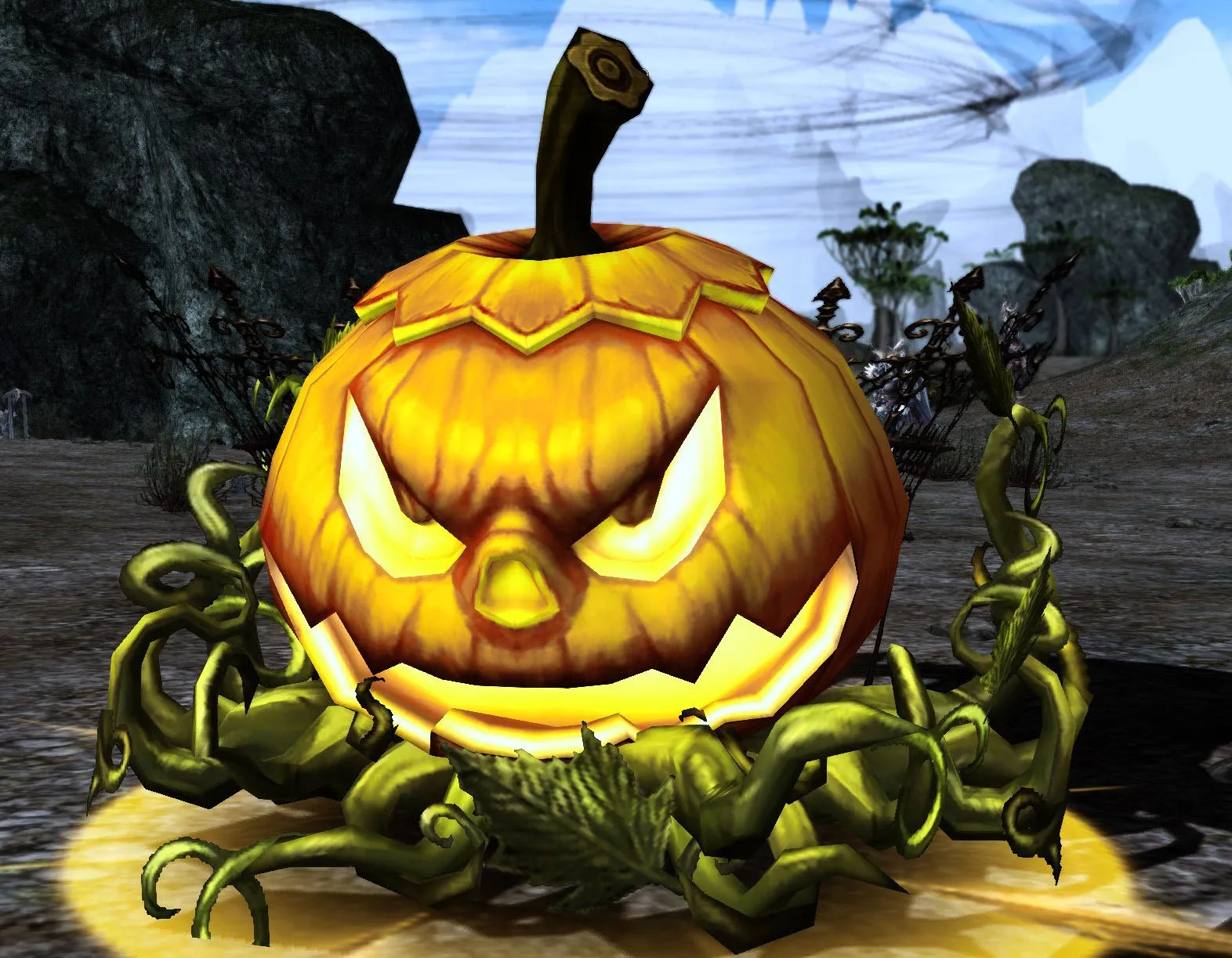 A Big Honey Pumpkin among vines, its grin glowing