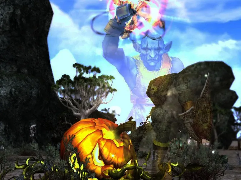 A Goblin Ghoul summoned over the broken pumpkin, with its escort