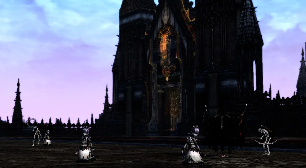 Cursed Housemaids, skeletons and a wraith in front of one of the fortress gates