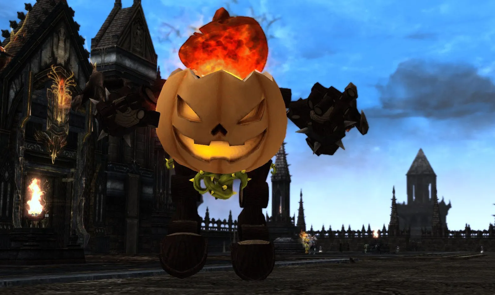 A Pumpkin Robot with a flaming head and spiked fists in front of the fortress