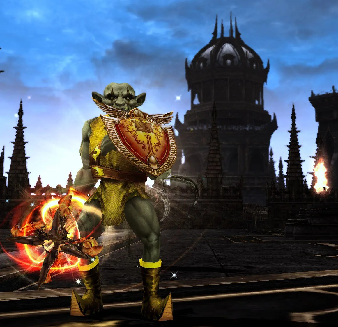 A Goblin Ghoul with a golden shield and a flaming weapon on a fortress terrace