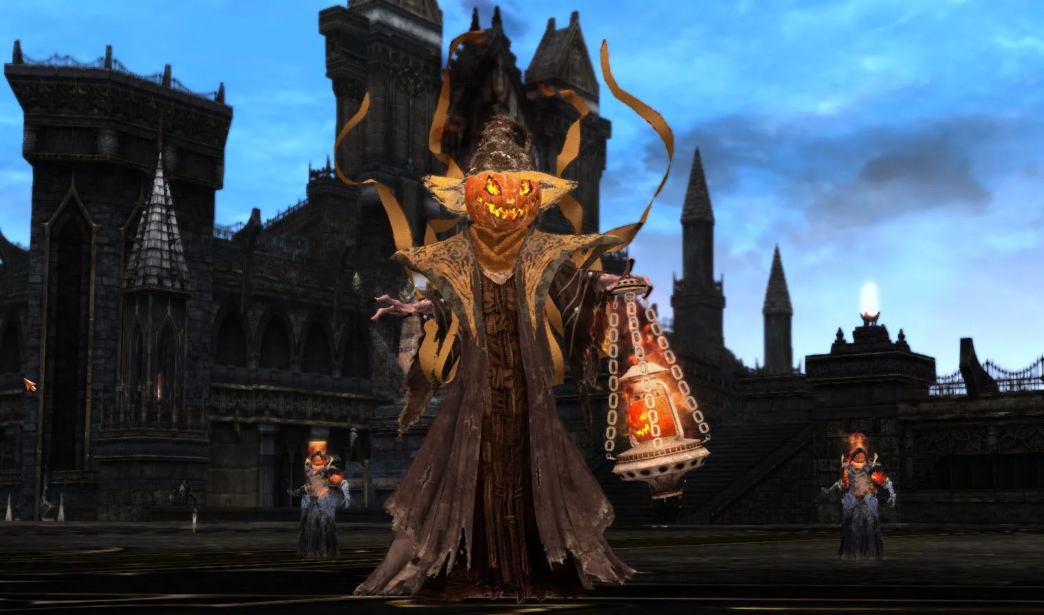 The Pumpkin King with its chained lantern and two guards behind