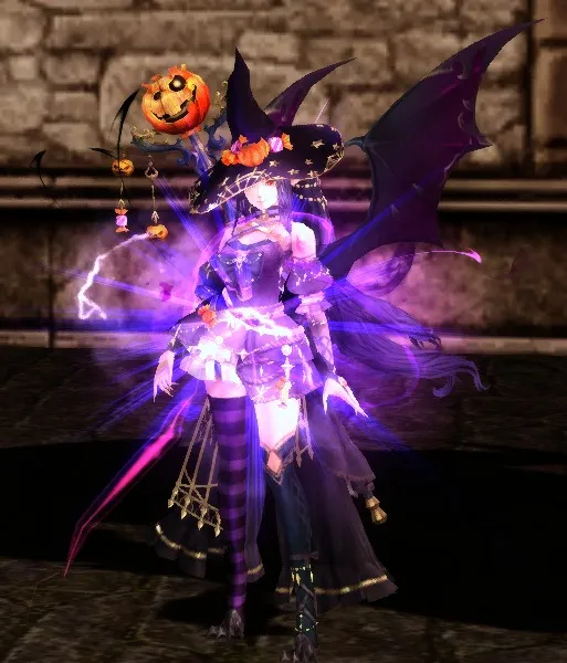 The Spectral Master, with a witch hat, bat wings and a staff topped by a pumpkin