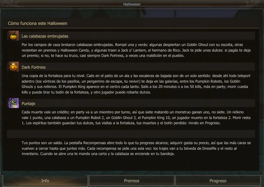 La pestaña Info de la ventana Halloween, con las calabazas embrujadas, Dark Fortress y el puntaje