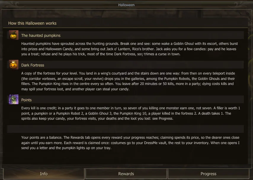 The Info tab of the Halloween window, with the haunted pumpkins, Dark Fortress and the points