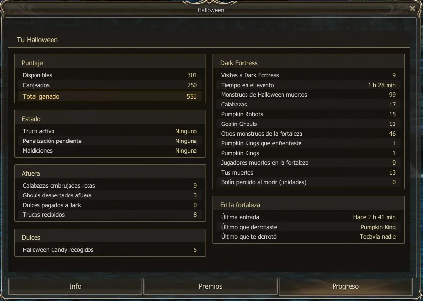 La pestaña Progreso, con los cuadros Puntaje, Estado, Afuera, Dulces, Dark Fortress y En la fortaleza