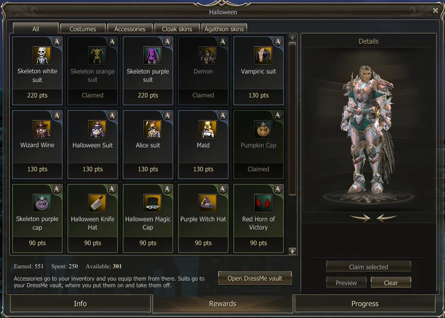 The Rewards tab, with the suit and accessory cards, their price in points and the details of the chosen one