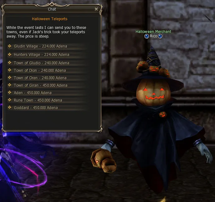 The Halloween Teleports town list with prices