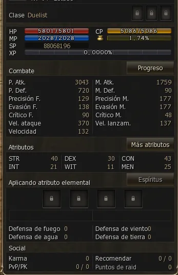 The character status window in Spanish