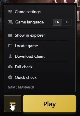 Game Manager menu open above the Play button